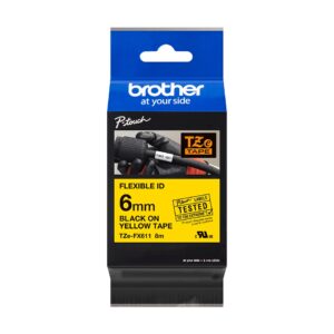 Fita Original Brother TZeFX611 Laminada Flexível Texto Preto em Fundo Amarelo 6mm x 8 metros