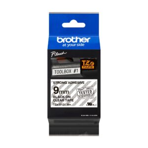 Fita Original Brother TZeS121 Laminada Super Adesiva Texto Preto em Fundo Transparente 9mm x 8 metros