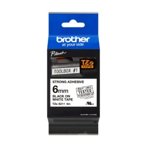 Fita Original Brother TZeS211 Laminada Super Adesiva Texto Preto em Fundo Branco 6mm x 8 metros