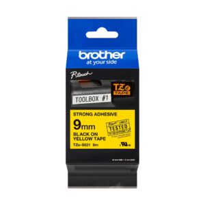 Fita Original Brother TZeS621 Laminada Super Adesiva Texto Preto em Fundo Amarelo 9mm x 8 metros