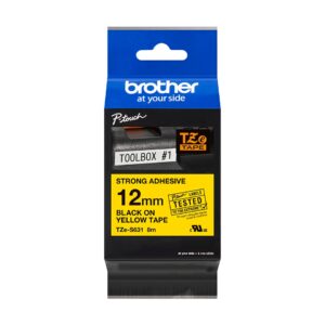 Fita Original Brother TZeS631 Laminada Super Adesiva Texto Preto em Fundo Amarelo 12mm x 8 metros