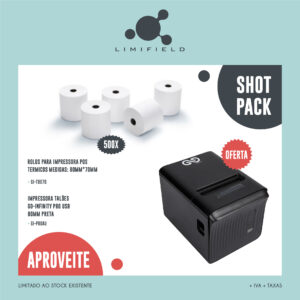 ShotPack - 500 Rolos Impressora POS 80*70MM + Oferta Impressora Talões Go-Infinity P80